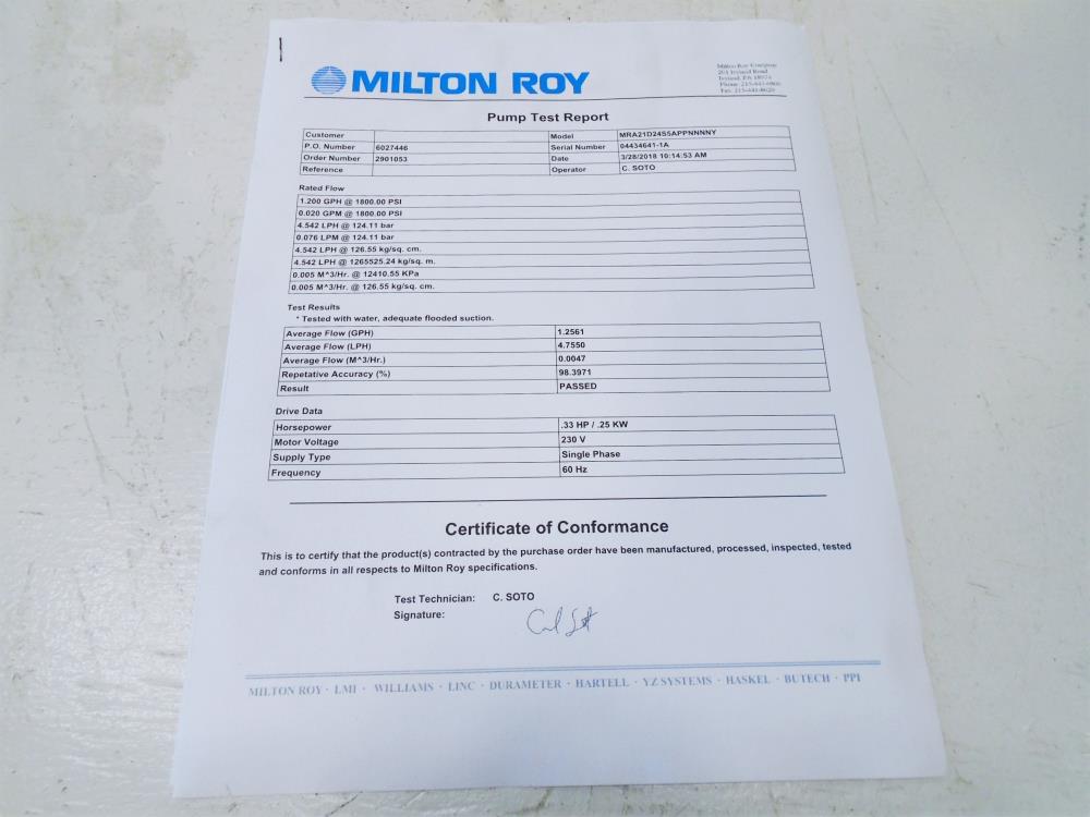 Milton Roy Metering Pump MRA21D24S5APPNNNNY w/ Baldor Motor